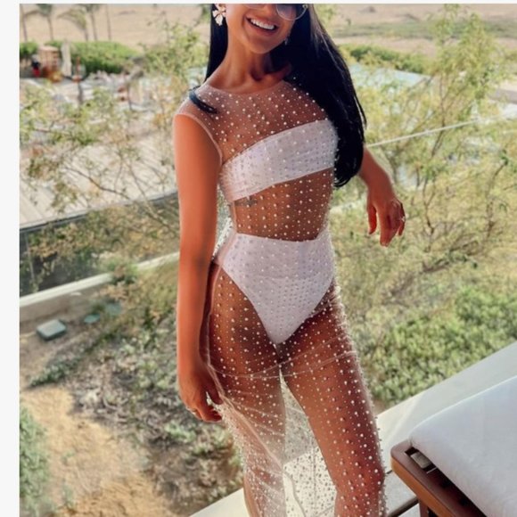 Sheer Mesh Pearl Shiny Rhinestone Dress Sleeveless Cover Up - Picture 3 of 8